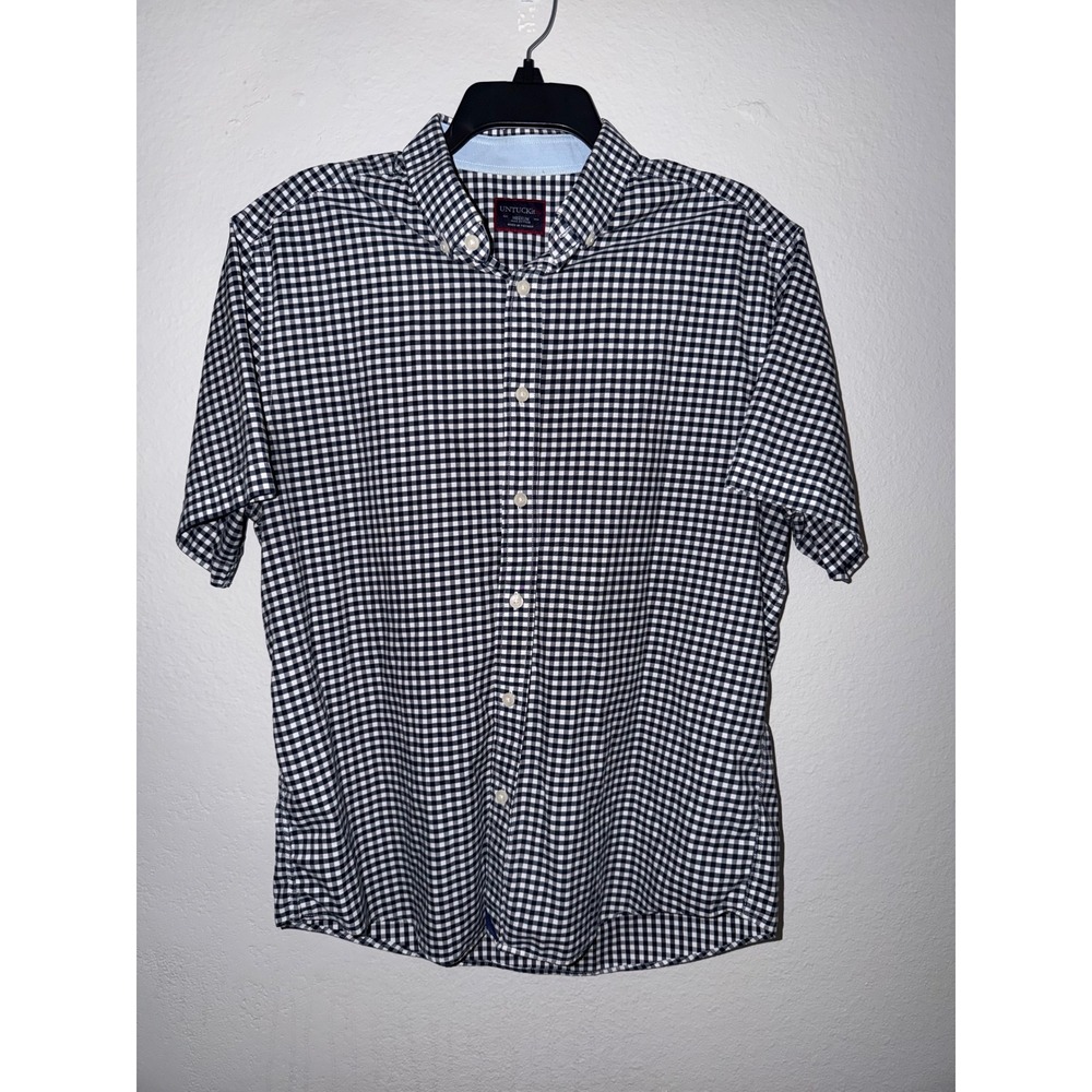 UNTUCKit Mens Medium Short Sleeve Button Down Shirt Navy White Gingham Cotton
